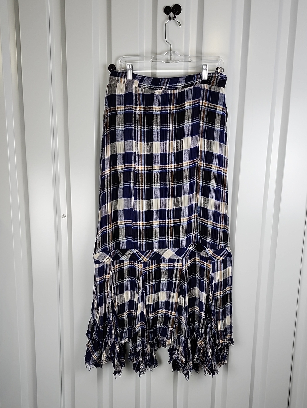 Free People Bordeaux Navy Plaid Maxi Skirt Sz Lg Bohemian Boho Cottage Cabincore